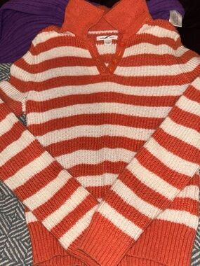 American Eagle Outfitters Orange and White Striped V-Neck Knit Sweater
